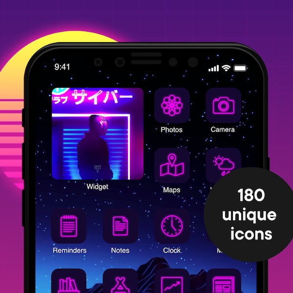 Vaporwave Icons, Synthwave iPhone and iPad app icon, Retrowave theme, Minimalistic Line, Neon Icons, LoFi Aesthetic, iOS 14, iOS 15, iOS 16