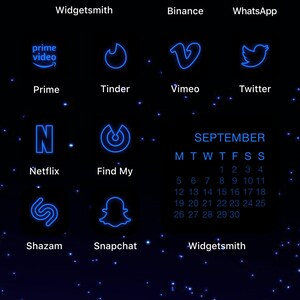 iOS 16 アイコン パック、ネオン ブルー、ダーク ブルーとブラック、銀河のテーマ、星月夜、iOS 14、iOS 15、アプリ カバー、iPhone の美学、iPad アイコン パック