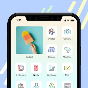 Op de afbeelding: Een smartphone-scherm met verschillende app-pictogrammen, waaronder Foto's, Camera, Discord, Weer, Instagram, Netflix, Lightroom en Mail. De pictogrammen zijn gerangschikt in een raster op een lichtgele achtergrond. De tijd 9:41 wordt weergegeven in de linkerbovenhoek van het scherm.