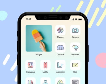 Kawaii Pastel App Icons for iPhone / iPadOS / Android, Rainbow Crayon Aesthetic Home Screen Theme, Colorful Icon Pack