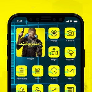 Tema Cyberpunk 2077, iconos de iOS 14, icono de iPhone y iPad iOS, futurista, paisaje urbano, color neón, onda de vapor, onda sintética, icono amarillo y cian