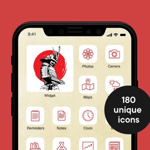 Op de afbeelding: Een smartphone-scherm met een raster van app-pictogrammen met rode contouren. De pictogrammen omvatten een ​​samurai-krijger, foto's, een camera, kaarten, weer, herinneringen, notities, een klok, boeken, een tent, een grafiek en een krant. De tekst "180 unieke pictogrammen" wordt weergegeven in een zwarte cirkel.
