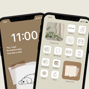 May include: Two smartphones with aesthetic home screen designs. One displays the time as 11:00, with the date and a message. The other shows app icons, including BeReal, Deliveroo, Calculator, Gmail, HBO, and Netflix. The background is a grid pattern.