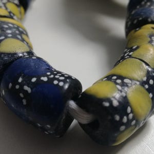 Recycled glass beads, blue and yellow Ghana beads