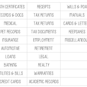 Household Files LABELS ONLY | Important Document Labels | Home Family Organizer File Box diy Kit