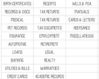Household Files LABELS ONLY | Important Document Labels | Home Family Organizer File Box diy Kit