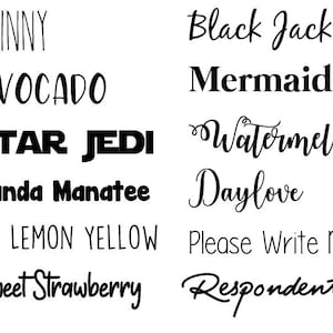 Puede incluir: Una colecci&oacute;n de 10 palabras escritas a mano en tinta negra sobre un fondo blanco. Las palabras son: Skinny, Avocado, Star Jedi, Janda Manatee, DK Lemon Yellow, Sweet Strawberry, Black Jack, Mermaid, Watermelon, Daylove, Please Write Me, Respondent.