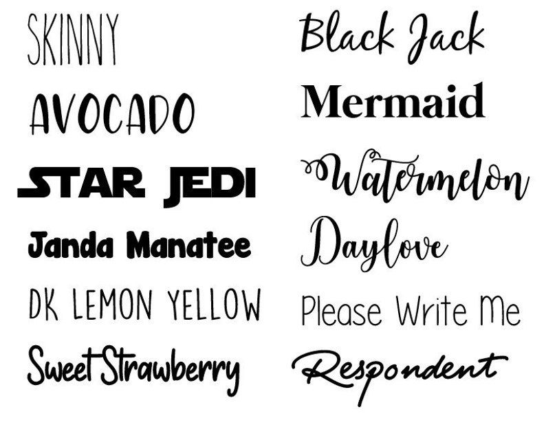 Puede incluir: Una colecci&oacute;n de 10 palabras escritas a mano en tinta negra sobre un fondo blanco. Las palabras son: Skinny, Avocado, Star Jedi, Janda Manatee, DK Lemon Yellow, Sweet Strawberry, Black Jack, Mermaid, Watermelon, Daylove, Please Write Me, Respondent.