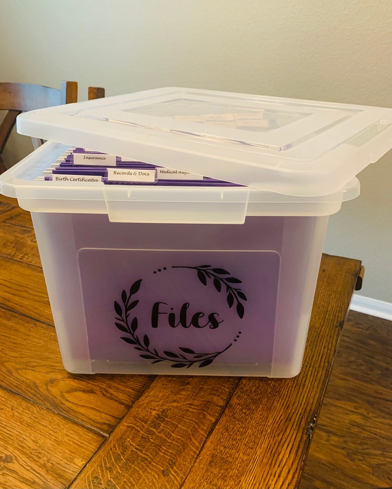 Puede incluir: Una caja de almacenamiento de pl&aacute;stico transparente con una etiqueta morada que dice "Archivos" en una corona negra. La caja est&aacute; llena de carpetas colgantes moradas etiquetadas como "Certificados de nacimiento", "Seguro", "Registros y documentos" y "Citas m&eacute;dicas."