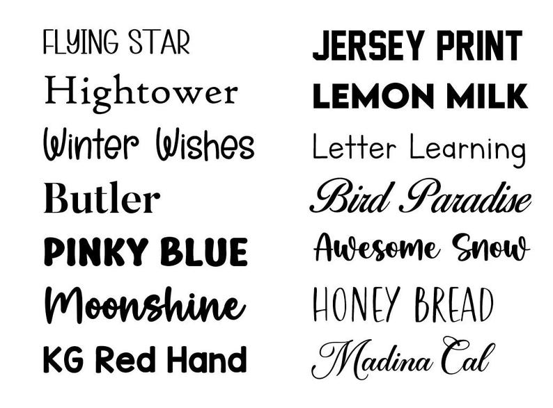 Puede incluir: Una colecci&oacute;n de 10 nombres &uacute;nicos escritos en texto negro sobre un fondo blanco. Los nombres son: Flying Star, Hightower, Winter Wishes, Butler, Pinky Blue, Moonshine, KG Red Hand, Jersey Print, Lemon Milk, Letter Learning, Bird Paradise, Awesome Snow, Honey Bread y Madina Cal.