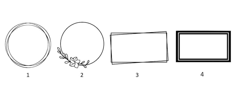 Puede incluir: Cuatro opciones de marco diferentes para una imagen o una obra de arte. El primer marco es un c&iacute;rculo simple, el segundo marco es un c&iacute;rculo con un dise&ntilde;o floral, el tercer marco es un rect&aacute;ngulo con un doble borde y el cuarto marco es un rect&aacute;ngulo con un borde negro grueso.