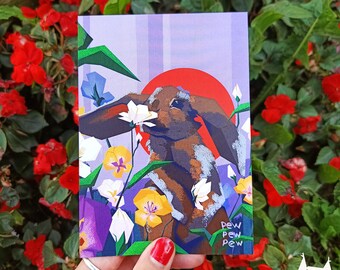 Botanical Rabbit Postcard Art Print - Moody Floral Botanical Illustration - 4x6 Nature Nursery Animal Mini Print - Cottagecore Stationary