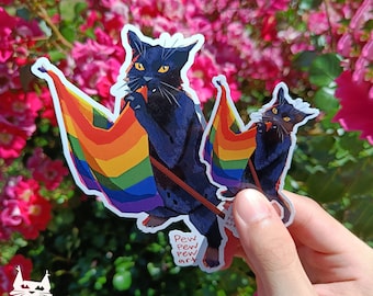 Pride Sticker Pack with Black Cat and Rainbow Flag - 2 pcs - Cute Cat Lover Gift - Unique LGBTQ+ Ally Sticker for Water Bottle/Phone/Laptop