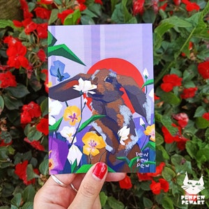 Botanische Kaninchen Postkarte Kunstdruck - Stimmungsvolle florale botanische Illustration - 100x120 Natur Kinderzimmer Tier Mini Druck - Cottagecore Stationär