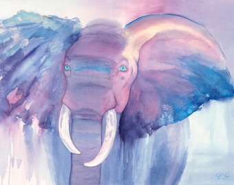 Print of Colorful Blue Elephant Painting Watercolour