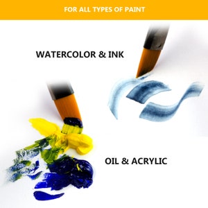 May include: Two paint brushes with golden bristles on a white surface. One brush creates blue watercolor strokes labeled WATERCOLOR & INK. The other brush applies thick yellow and blue paint labeled OIL & ACRYLIC. Text reads FOR ALL TYPES OF PAINT.