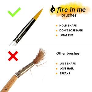 May include: A comparison graphic featuring a fire in me brush with yellow bristles that hold shape, do not lose hair, and have a long life, contrasted with other brushes that lose shape, lose hair, and break, shown with check and x marks.