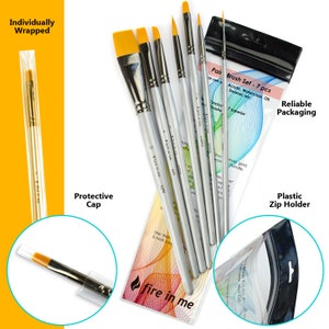 May include: A set of seven paint brushes with silver handles and yellow synthetic bristles, including one individually wrapped brush, a protective cap, and a plastic zip holder. The packaging features the text "fire in me" and "Paint Brush Set - 7 pcs".