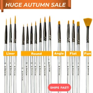 May include: A set of fifteen paint brushes with silver-toned handles and golden-yellow synthetic bristles. The brushes are categorized by type including liner, round, angle, flat, and fan, with each handle labeled with the brand name fire in me.
