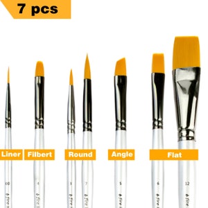 May include: A set of 7 paint brushes with yellow synthetic bristles, silver metal ferrules, and white handles. The brushes are labeled as Liner, Filbert, Round, Angle, and Flat, with specific size numbers printed on each handle.