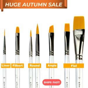 May include: A set of seven paint brushes with white handles, silver ferrules, and yellow synthetic bristles. The brushes are labeled as Liner, Filbert, Round, Angle, and Flat, with size numbers 00, 4, 3, 7, 5, 6, and 12 printed on the handles.