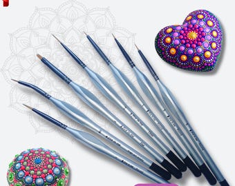 Conjunto de 6 pincéis para pintura mandala + 1 grátis, pincéis em miniatura de alta qualidade, conjunto de pincéis de detalhe para pintura a óleo, aquarela e acrílico.