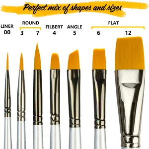 May include: A set of seven paint brushes with yellow synthetic bristles and silver metal ferrules. The brushes are labeled with text including Liner 00, Round 3 and 7, Filbert 4, Angle 5, and Flat 6 and 12. The text Perfect mix of shapes and sizes appears above.