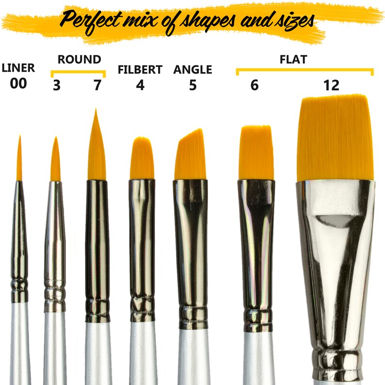 May include: A set of seven paint brushes with yellow synthetic bristles and silver metal ferrules. The brushes are labeled with text including Liner 00, Round 3 and 7, Filbert 4, Angle 5, and Flat 6 and 12. The text Perfect mix of shapes and sizes appears above.