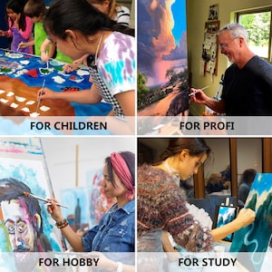 May include: A four-part collage showing individuals painting on canvases. The top left shows children painting a large blue map. The top right shows an adult painting a landscape. The bottom left shows a person painting a portrait. The bottom right shows a person painting a mountain scene.