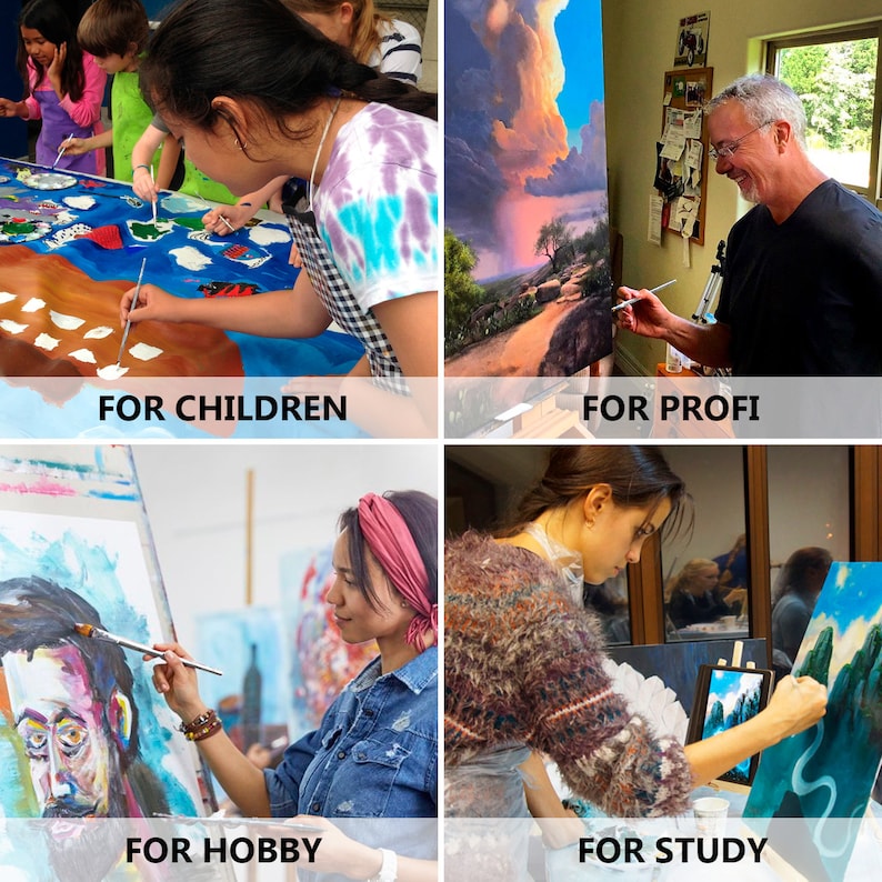 May include: A four-part collage showing individuals painting on canvases. The top left shows children painting a large blue map. The top right shows an adult painting a landscape. The bottom left shows a person painting a portrait. The bottom right shows a person painting a mountain scene.