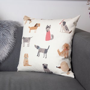 Cushion with dogs, on a neutral background, fits an 18 inch pad (45cm).  concealed zip, Print on both sides. cotton, quirky dog breeds.