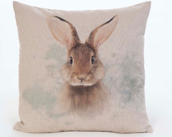 Rabbit Cushion, or cover, animal design, 17 in. (43cm), fits 18 inch (45cm) pad, linen look, country style, adult brown rabbit,   handmade.