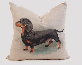 Dacshund cushion or cover, sausage dog, linen look, dog cushion, watercolour print, 16.5 x16.5 fits 18 inch pad, with zip, dog decor, doxie,