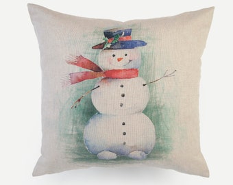 christmas cushion, or cover, snowman cushion, xmas decoration, linen look fabric, with invisible zip,17 inch, fits 18in pad 45cm, retro xmas