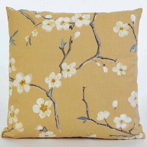 Mustard yellow cushion, or cover, white sprigs of blossom on both sides, cotton, with zip, 17in (43cm)  fits 18in (45cm) pad, handmade