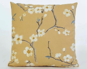 Mustard yellow cushion, or cover, white sprigs of blossom on both sides, cotton, with zip, 17in (43cm)  fits 18in (45cm) pad, handmade