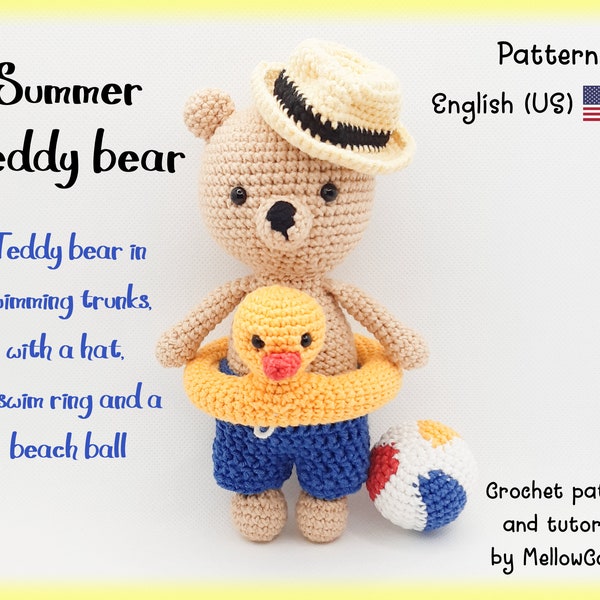 Amigurumi pattern bear with swim ring, trunks, hat and beach ball, tutorial in english, summer teddy bear crochet pattern