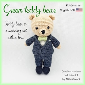 Amigurumi groom teddy bear pattern in wedding suit, crochet tutorial in english