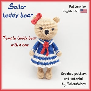 Amigurumi pattern sailor bear, female sailor teddy bear crochet tutorial