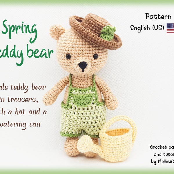 Amigurumi pattern bear in trousers with hat and watering can in english - spring crochet teddy bear in pants, full tutorial