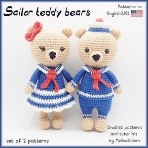 Amigurumi crochet pattern for two sailors teddy bears - complete tutorial for self-making toy