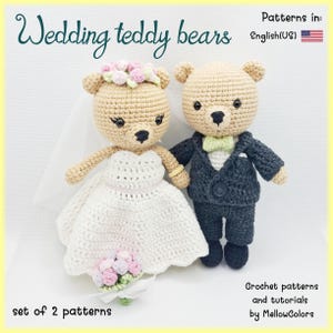 Orsetti di peluche amigurumi per matrimonio, schemi per due orsetti all'uncinetto, tutorial in inglese