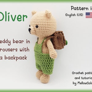 Amigurumi pattern bear in trousers with backpack in english - crochet teddy bear in trousers with backpack, full tutorial