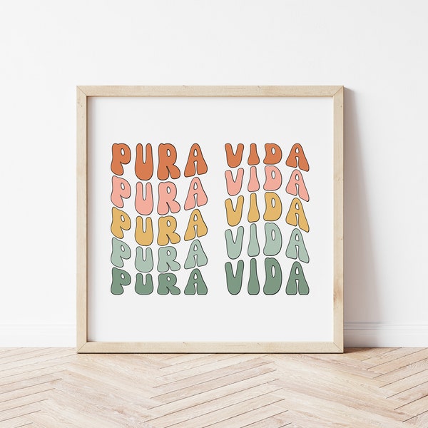 Retro Wavy Pura Vida Boho Color Printable | Square Pura Vida Costa Rica Wall Art Print | Bohemian Retro High Quality JPEG Instant Download