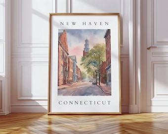 New Haven Connecticut Watercolor Printable | Historic Cityscape Wall Art | Yale University Area Digital Download | New England Art