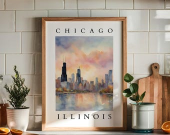 Chicago Illinois Watercolor Art Print | Skyline Cityscape Wall Art | Urban Landscape Home Decor | Digital Download