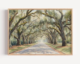 Savannah Georgia Wall Art | Spanish Moss Tree Tunnel Watercolor | Oak Avenue Southern Charm Digital Download Printable Artwork | Wormsloe