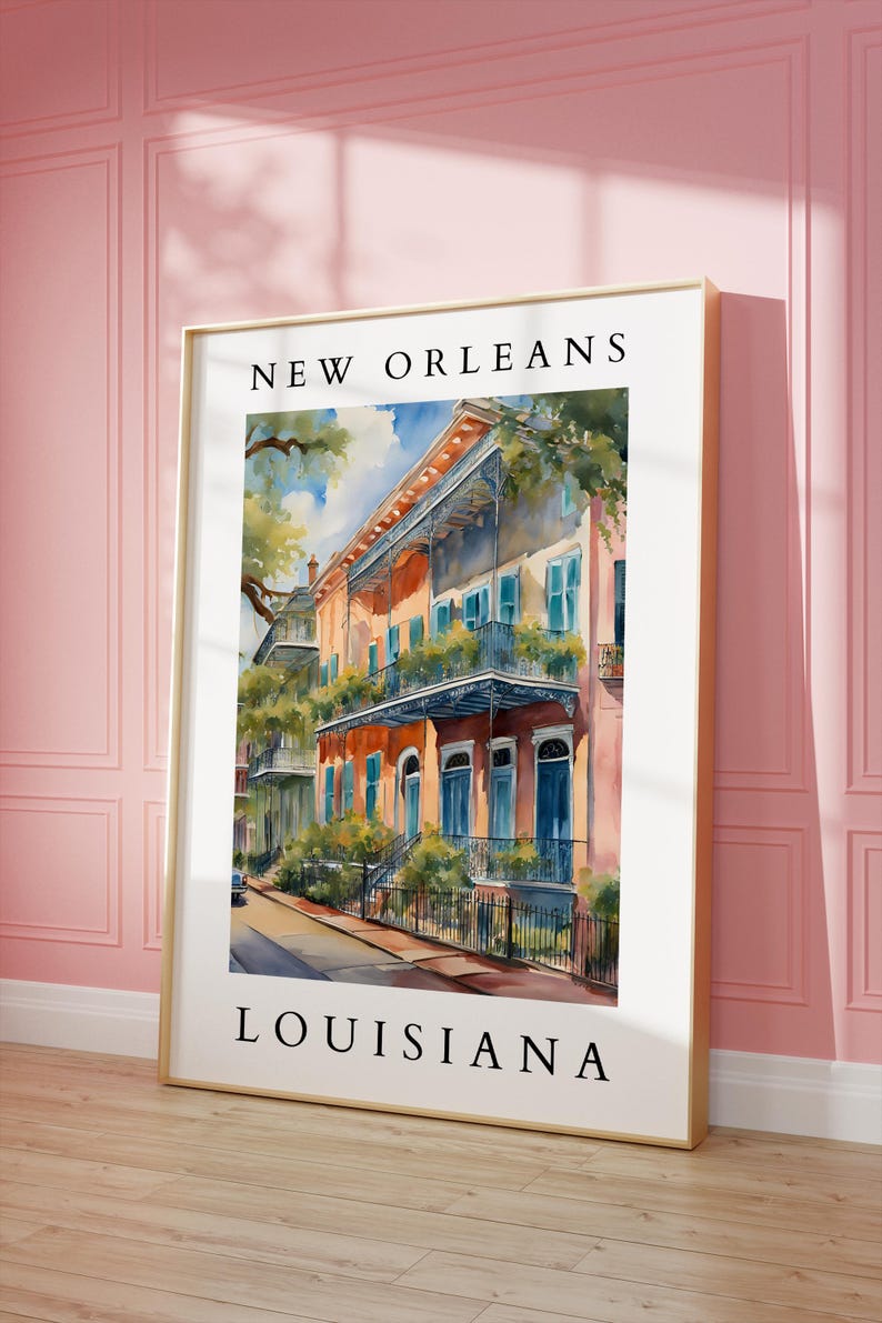 May include: A watercolor painting of a colorful building with balconies and wrought iron railings in New Orleans, Louisiana.
