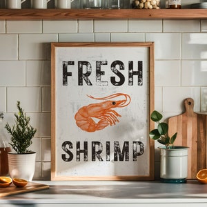 Fresh Shrimp Printable Wall Art | Coastal Seafood Kitchen Decor | Rustic Shrimp Print | Digital Download Shrimp Art Print