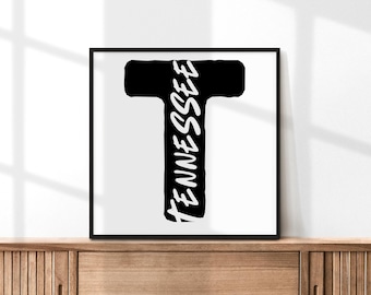 Lámina decorativa de Tennessee para imprimir / Impresión minimalista del estado / Descarga digital de tipografía de Tennessee / Decoración estatal en blanco y negro / Arte moderno de Tennessee